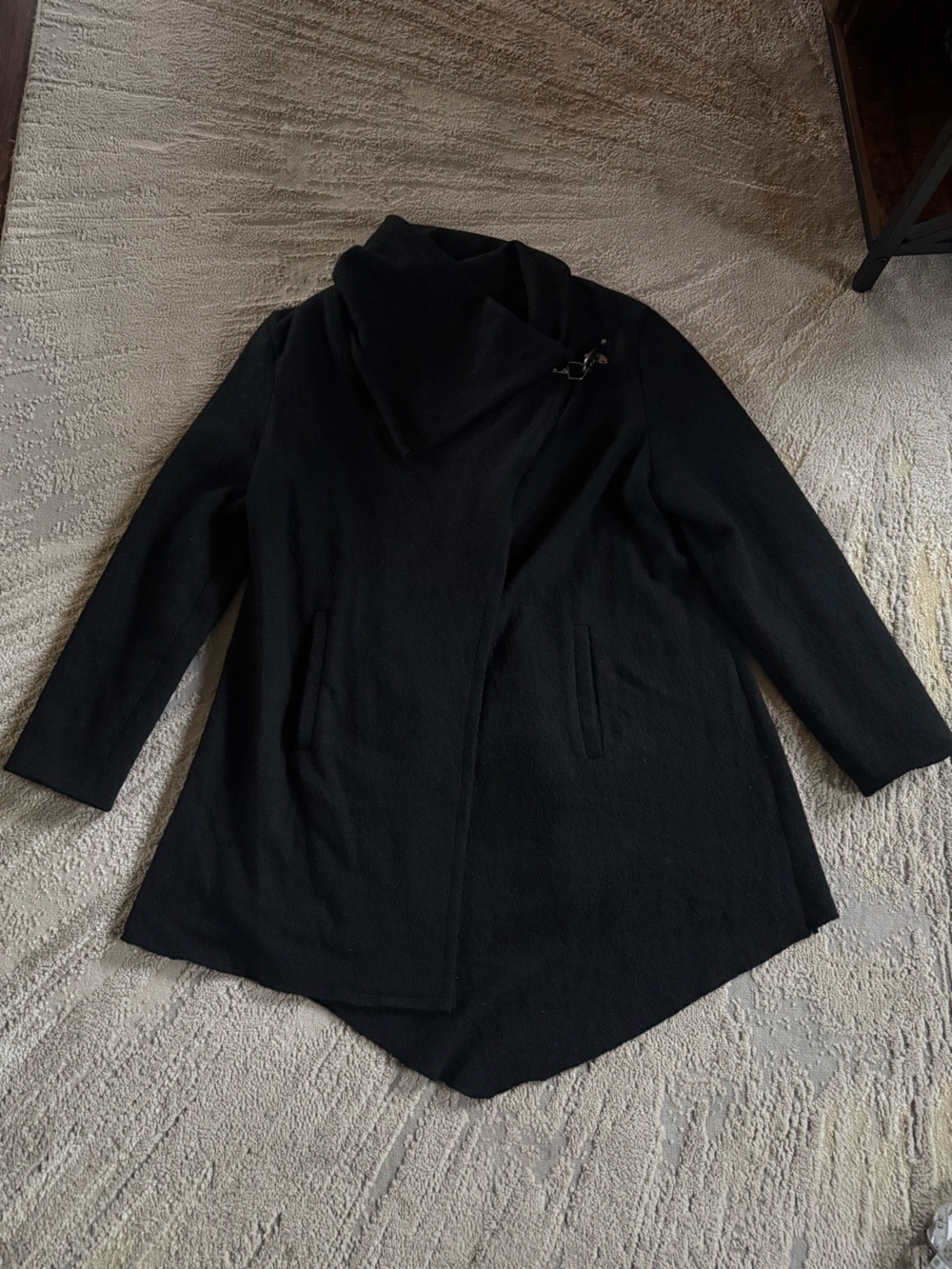 Linea Domani black wool sweater coat cardigan draped funnel neck clasp large